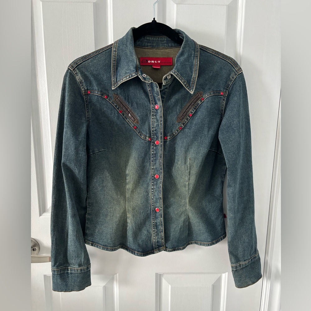 Only Denim Button-Up Shirt with Red Accents
